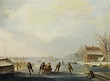 Skaters on a frozen waterway by Jacobus Van Der Stok